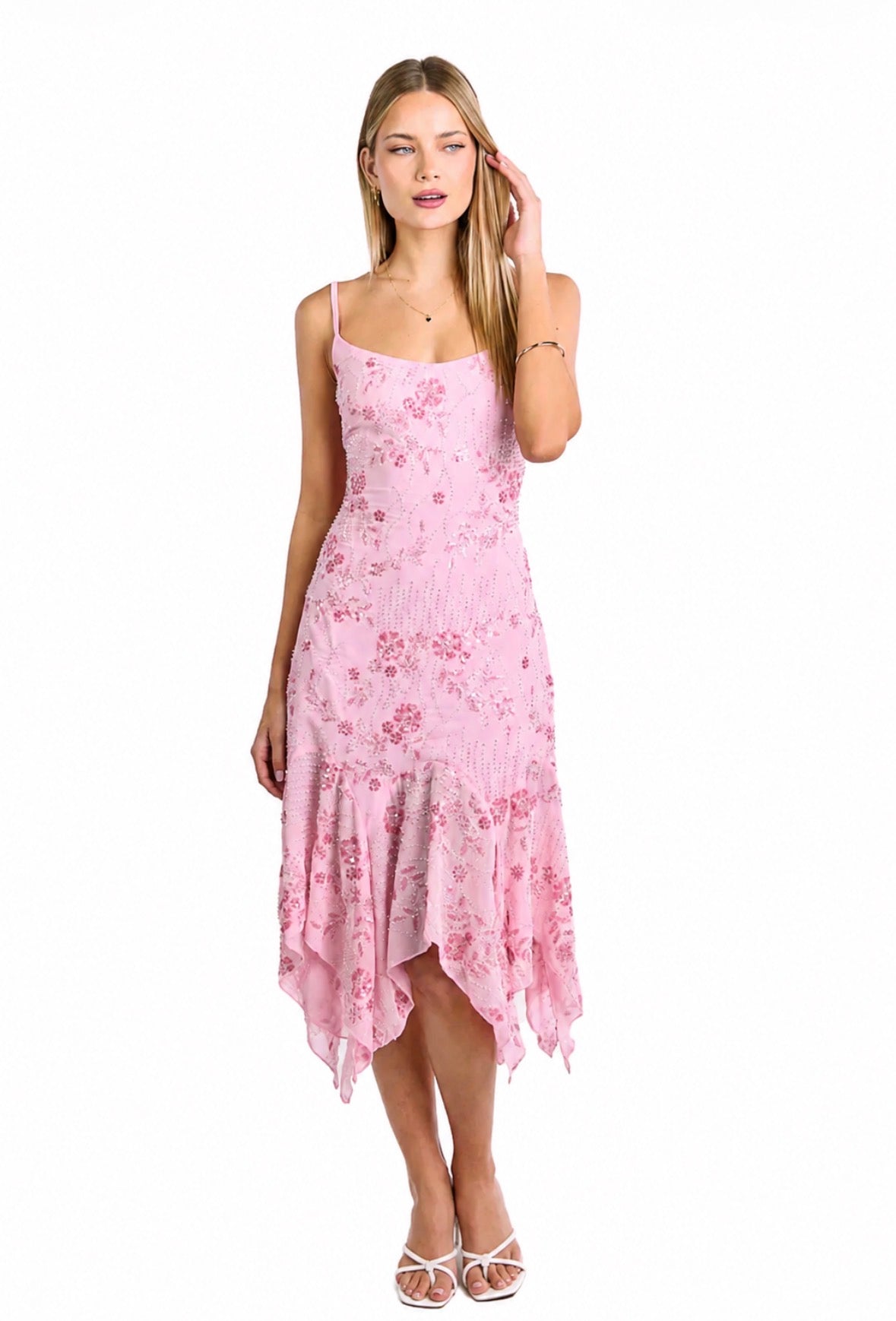 World Pink Sequin Midi Dress